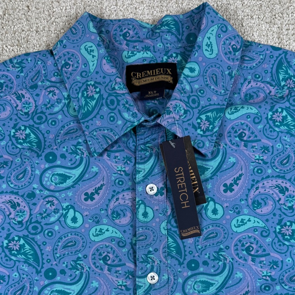 NEW Cremieux Mens XLT Blue Paisley Stretch Short Sleeve Button Up Shirt